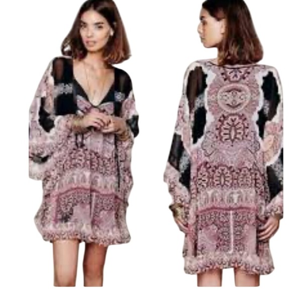 Free People Size S Marla Dreams Purple Paisley Kaftan Butterfly Mini Dress Boho - Picture 1 of 8